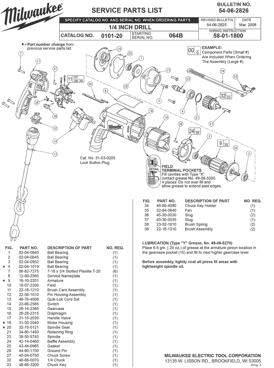 Milwaukee 0101-20 064b Parts - 1/4 INCH DRILL