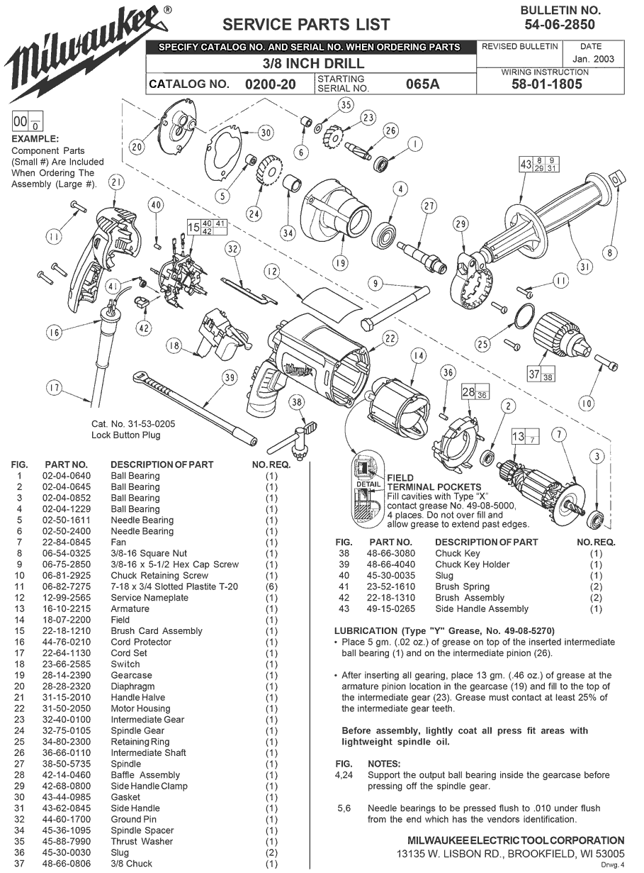 Milwaukee 0200-20 065a Parts - 3/8 INCH DRILL