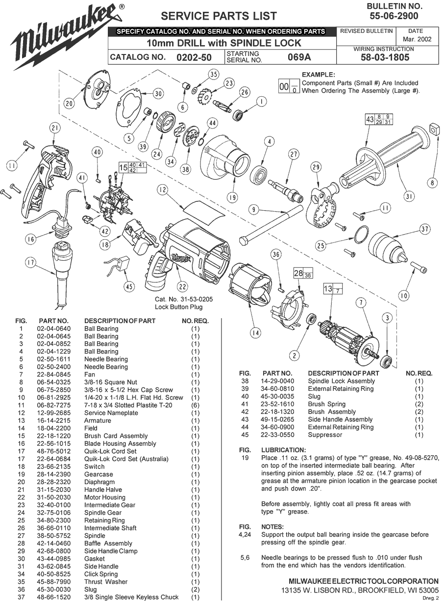 Milwaukee 0202-50 069a Parts - 1/2" KEYLESS CHUCK MAGNUM DRILL