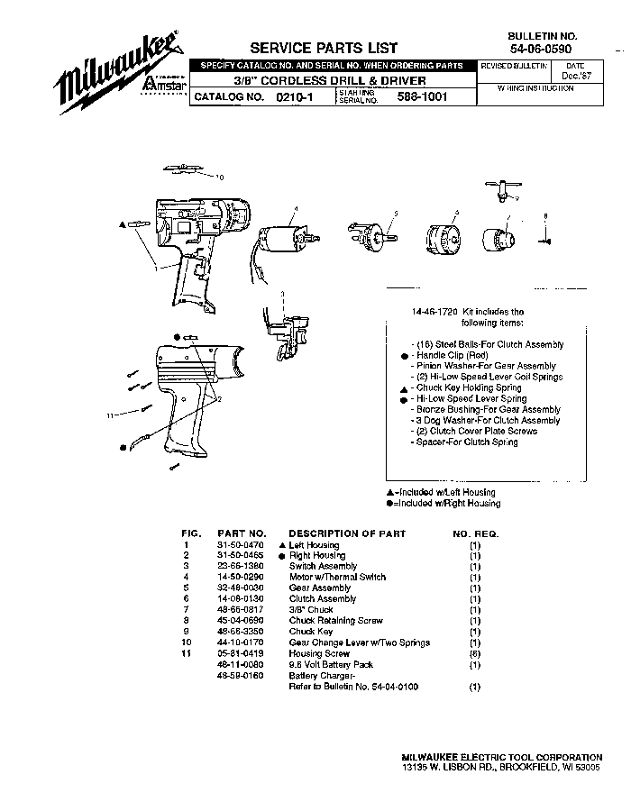 Milwaukee 0210-1 588-1001 Parts - Cordless Drill