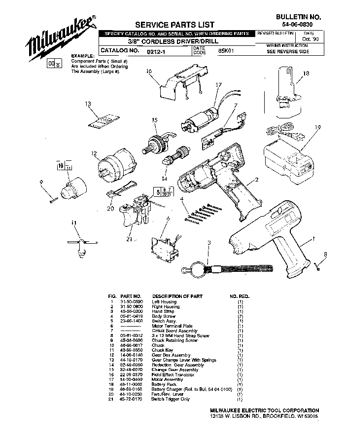 Milwaukee 0212-1 85k01 Parts - Cordless Drill