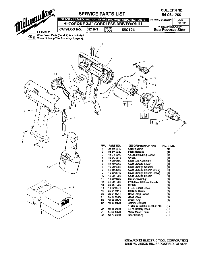 Milwaukee 0218-1 890124 Parts - Cordless Drill