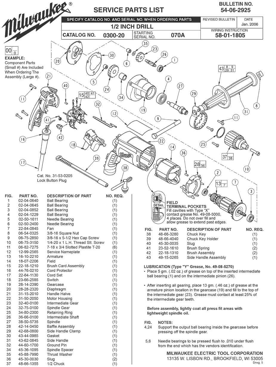 Milwaukee 0300-20 070a Parts - 1/2 INCH DRILL