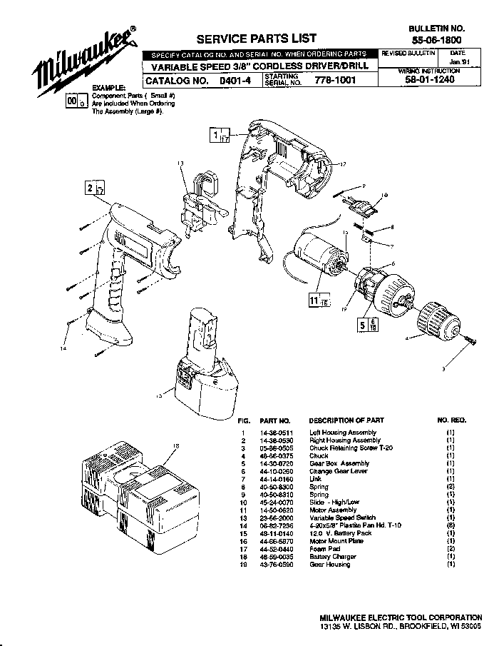 Milwaukee 0401-4 778-1001 Parts - Cordless Drill