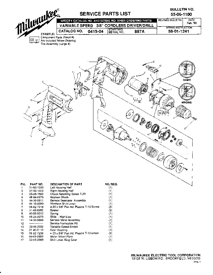 Milwaukee 0415-04 887a Parts - Cordless Drill