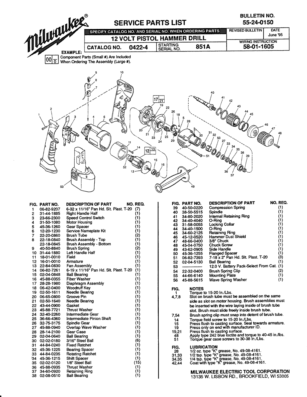 Milwaukee 0422-4 851a Parts - 12 Volt Pistol Hammer Drill