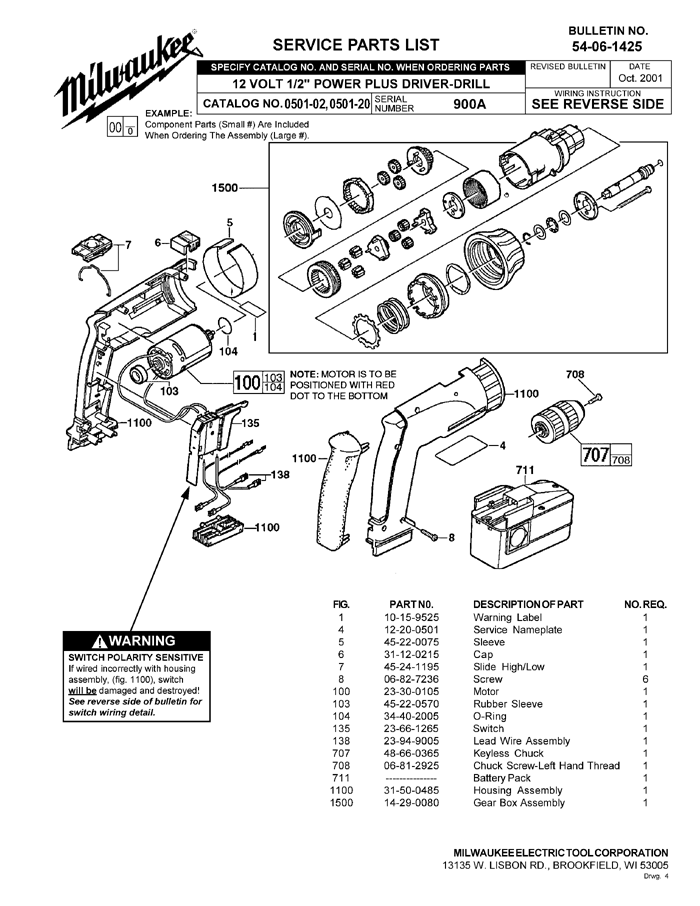 Milwaukee 0501-02 900a Parts - 12V 1/2" Cordless Drill