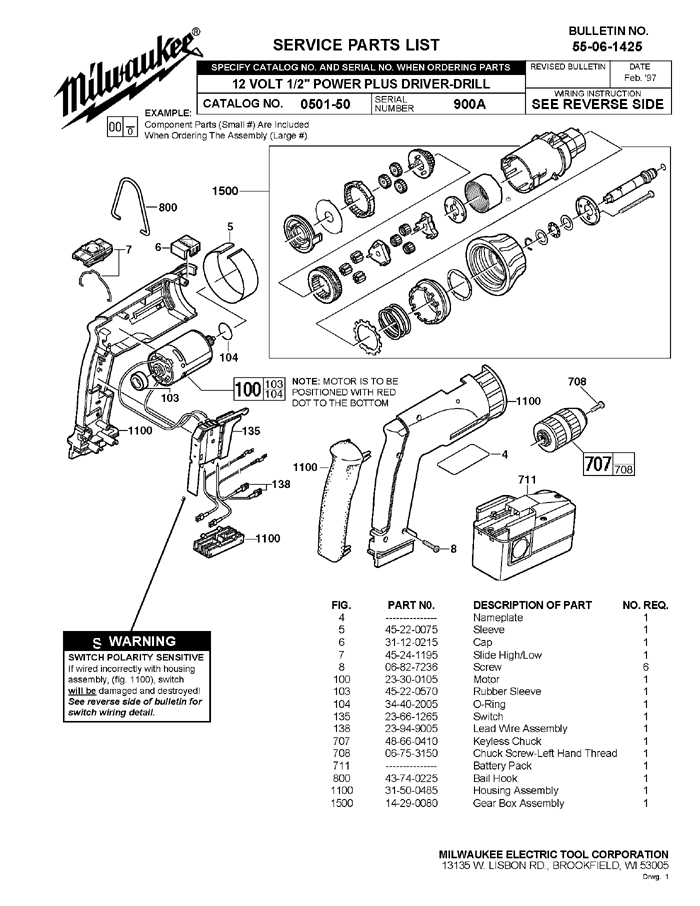 Milwaukee 0501-50 900a Parts - Cordless Drill