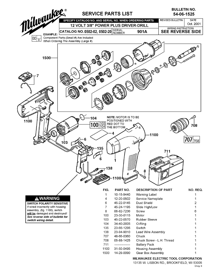 Milwaukee 0502-20 901a Parts - Cordless Drill