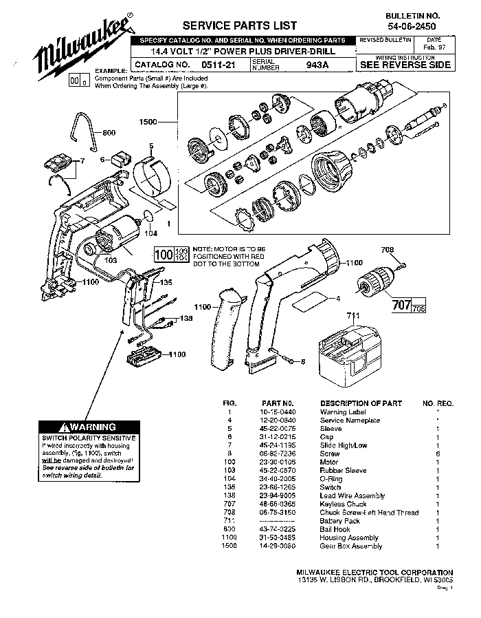 Milwaukee 0511-21 943a Parts - 14.4V 1/2" Cordless Drill