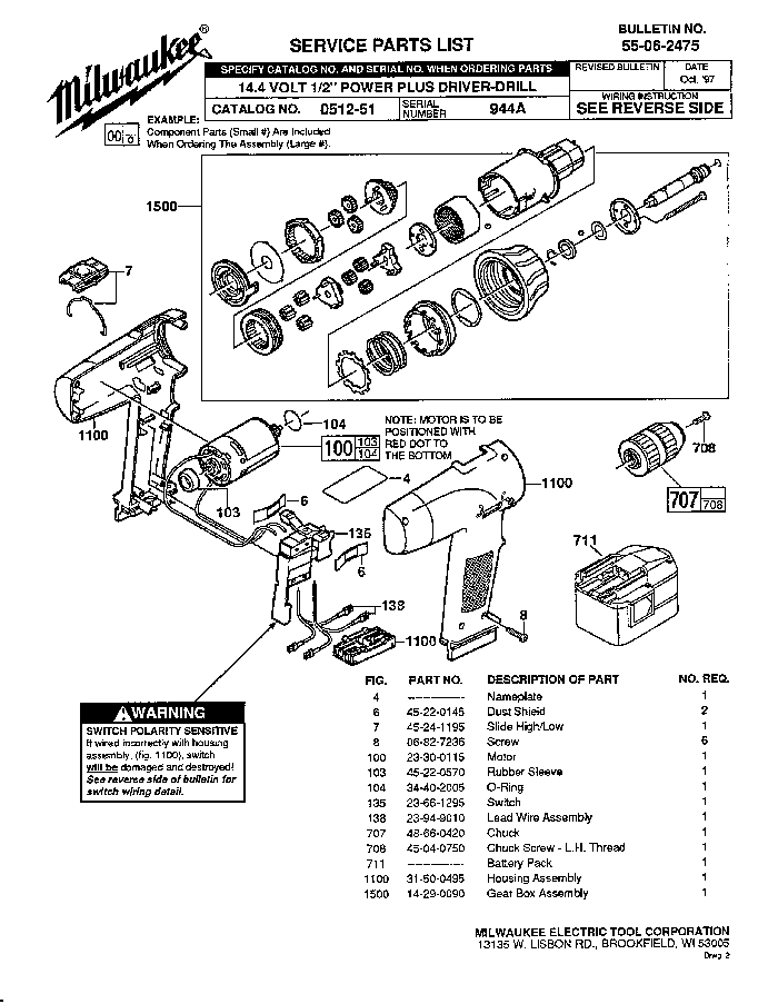 Milwaukee 0512-51 944a Parts - Cordless Drill