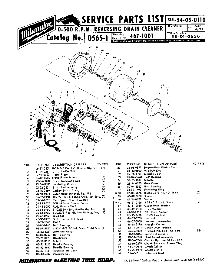 Milwaukee 0565-1 467-1001 Parts - 0-500 R.P.M Reversing Drain Cleaner