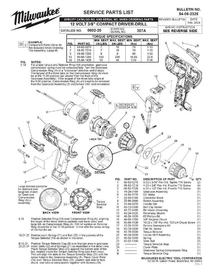 Milwaukee 0602-20 307a Parts - 12 Volt 3/8" Compact Driver-Drill