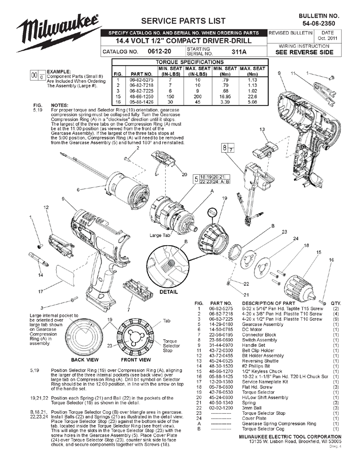 Milwaukee 0612-20 311a Parts - 14.4 Volt 1/2" Compact Driver-Drill