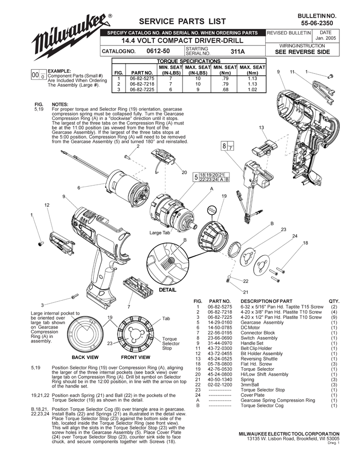 Milwaukee 0612-50 311a Parts - 14.4 Volt 1/2" Compact Driver-Drill