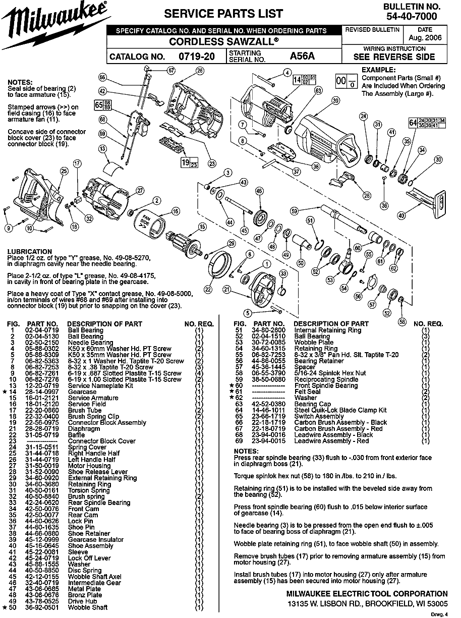 Milwaukee 0719-20 a56a Parts - Cordless Sawzall