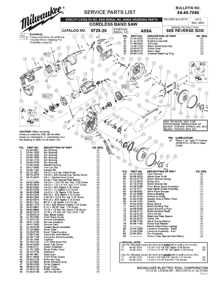 Milwaukee 0729-20 A59A Parts - Bandsaw