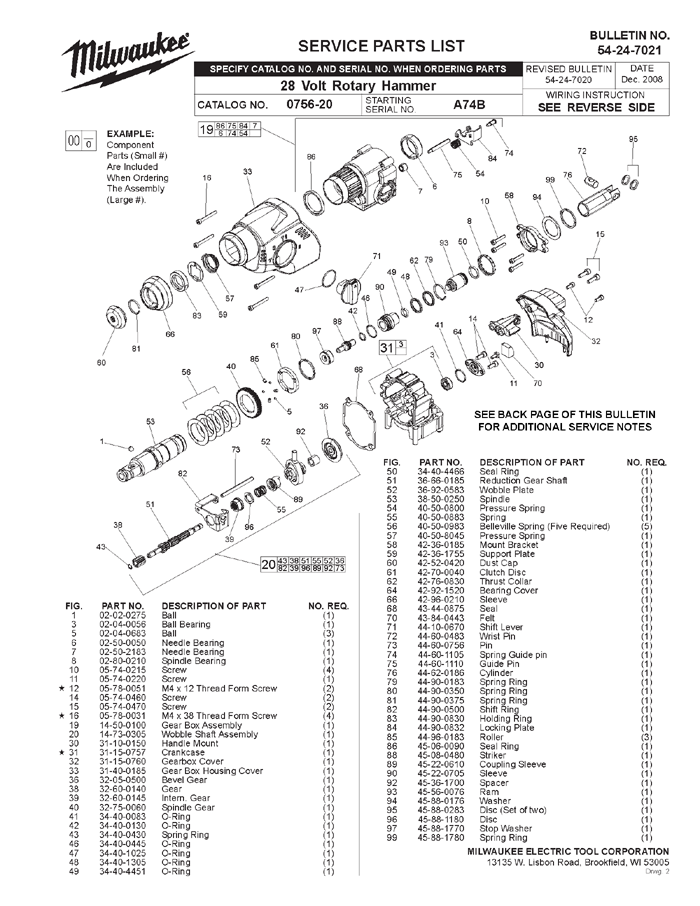 Milwaukee 0756-22 a74b Parts - 28 Volt Rotary Hammer