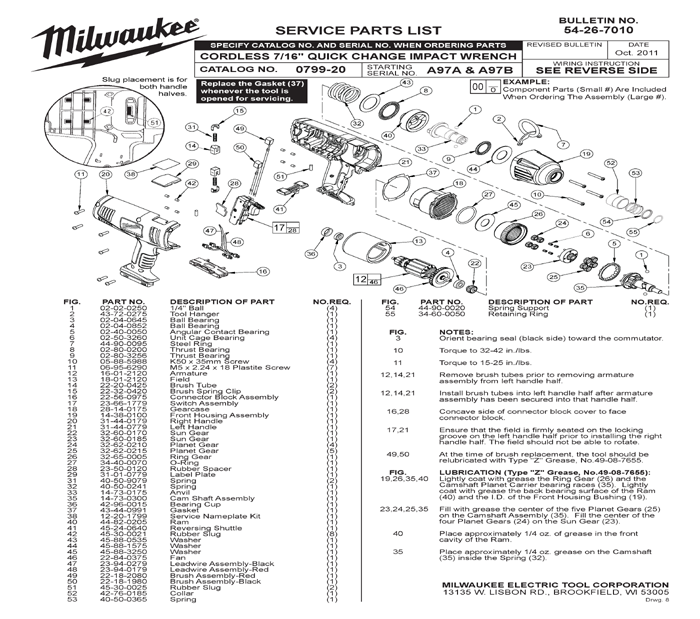 Milwaukee 0799-20 a97b Parts - Cordless 7/16" Quick Change Impact Wrench