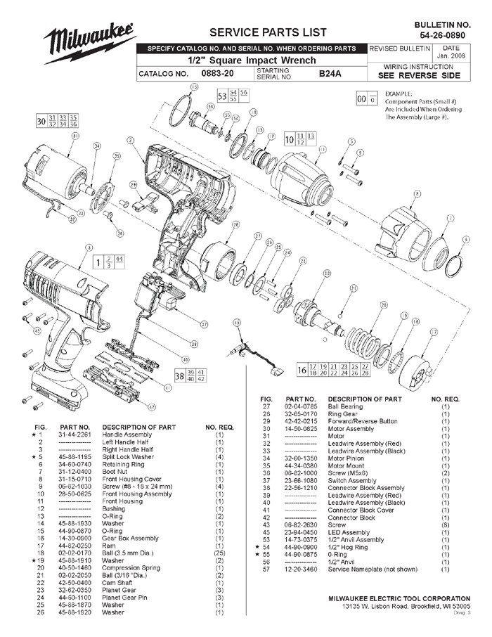 Milwaukee 0883-20 b24a Parts - 1/2" Square Impact Wrench