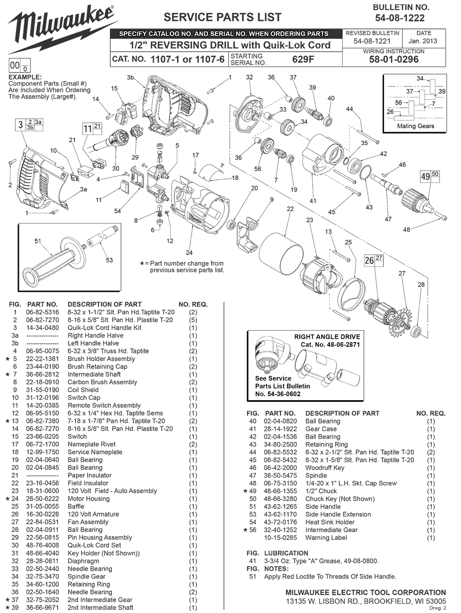 Milwaukee 1107-6 629f Parts - 1/2" REVERSING DRILL with Quik-Lok Cord