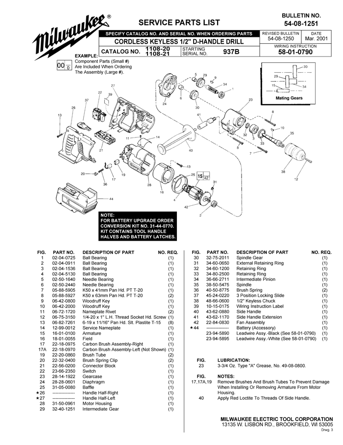 Milwaukee 1108-20 937b Parts - Cordless Keyless 1/2" D-Handle Drill