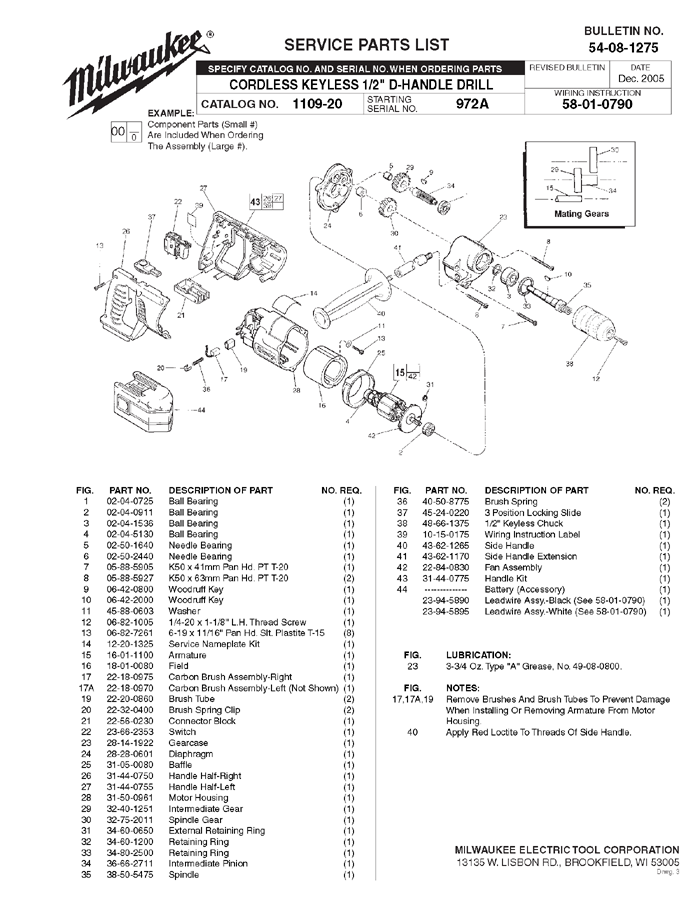 Milwaukee 1109-20 972a Parts - Cordless Keyless 1/2" D-Handle Drill