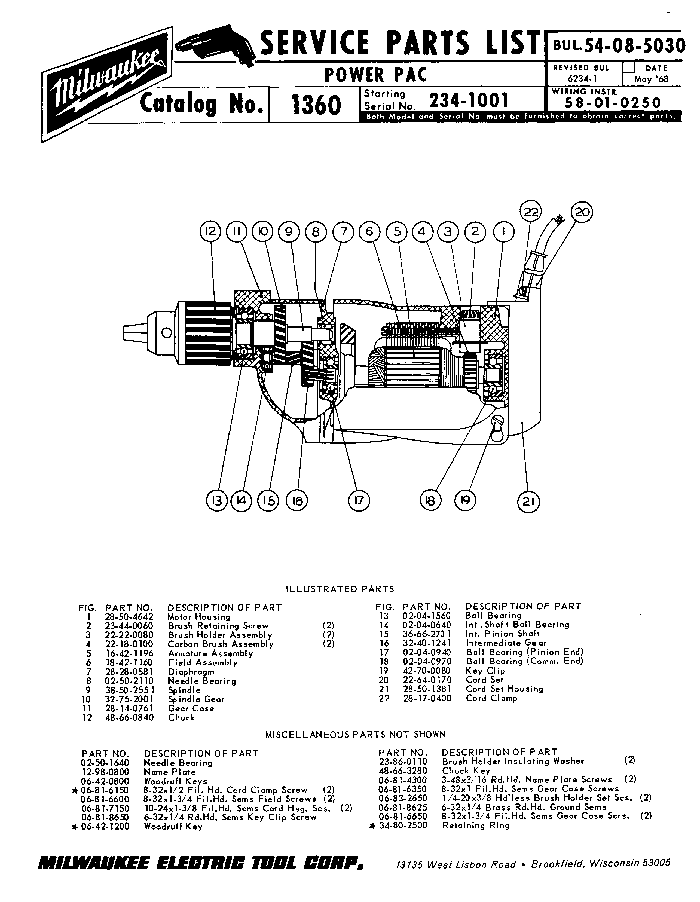 Milwaukee 1360 234-1001 Parts - Power Pac