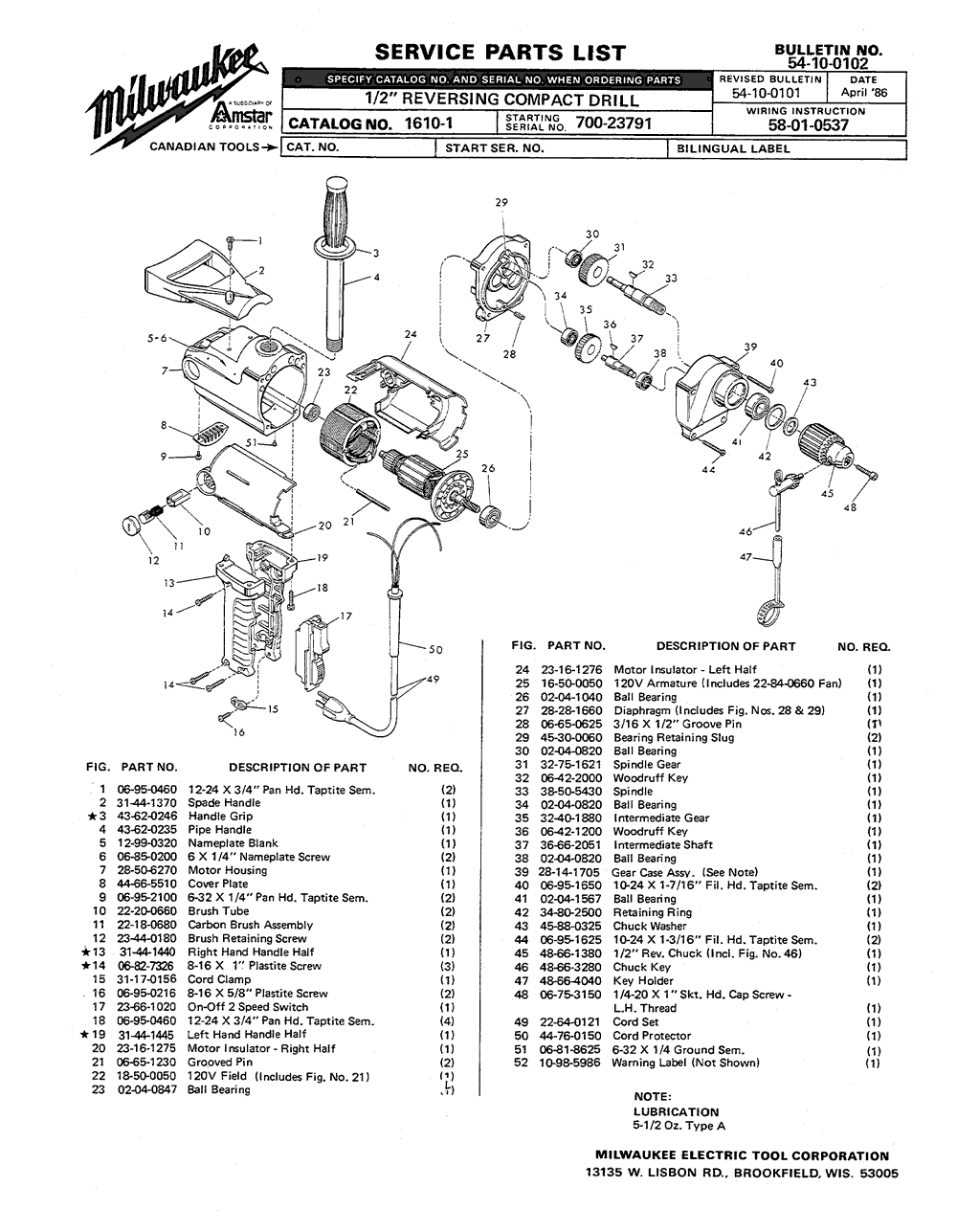 Milwaukee 1610-1 700-23791 Parts - 1/2" REVERSING COMPACT DRILL