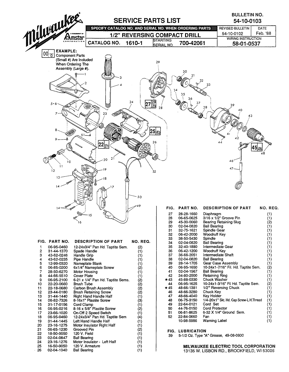 Milwaukee 1610-1 700-42061 Parts - 1/2" REVERSING COMPACT DRILL