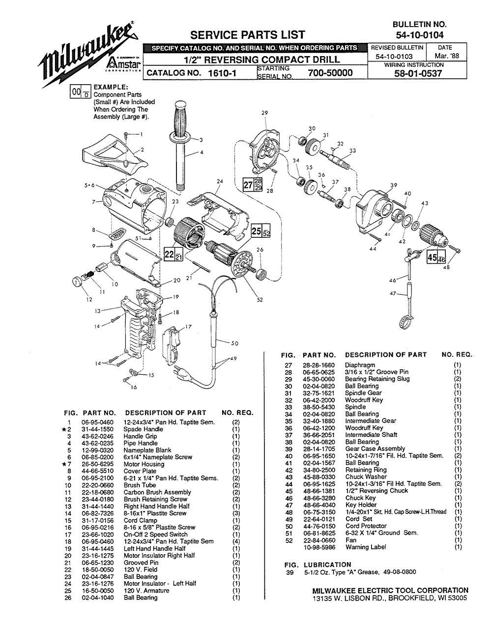 Milwaukee 1610-1 700-50000 Parts - 1/2" REVERSING COMPACT DRILL