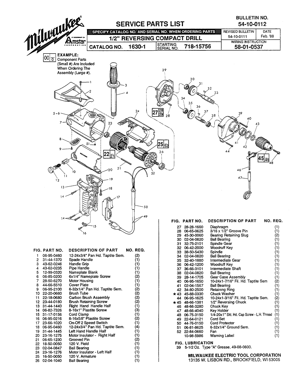 Milwaukee 1630-1 718-15756 Parts - 1/2" REVERSING COMPACT DRILL