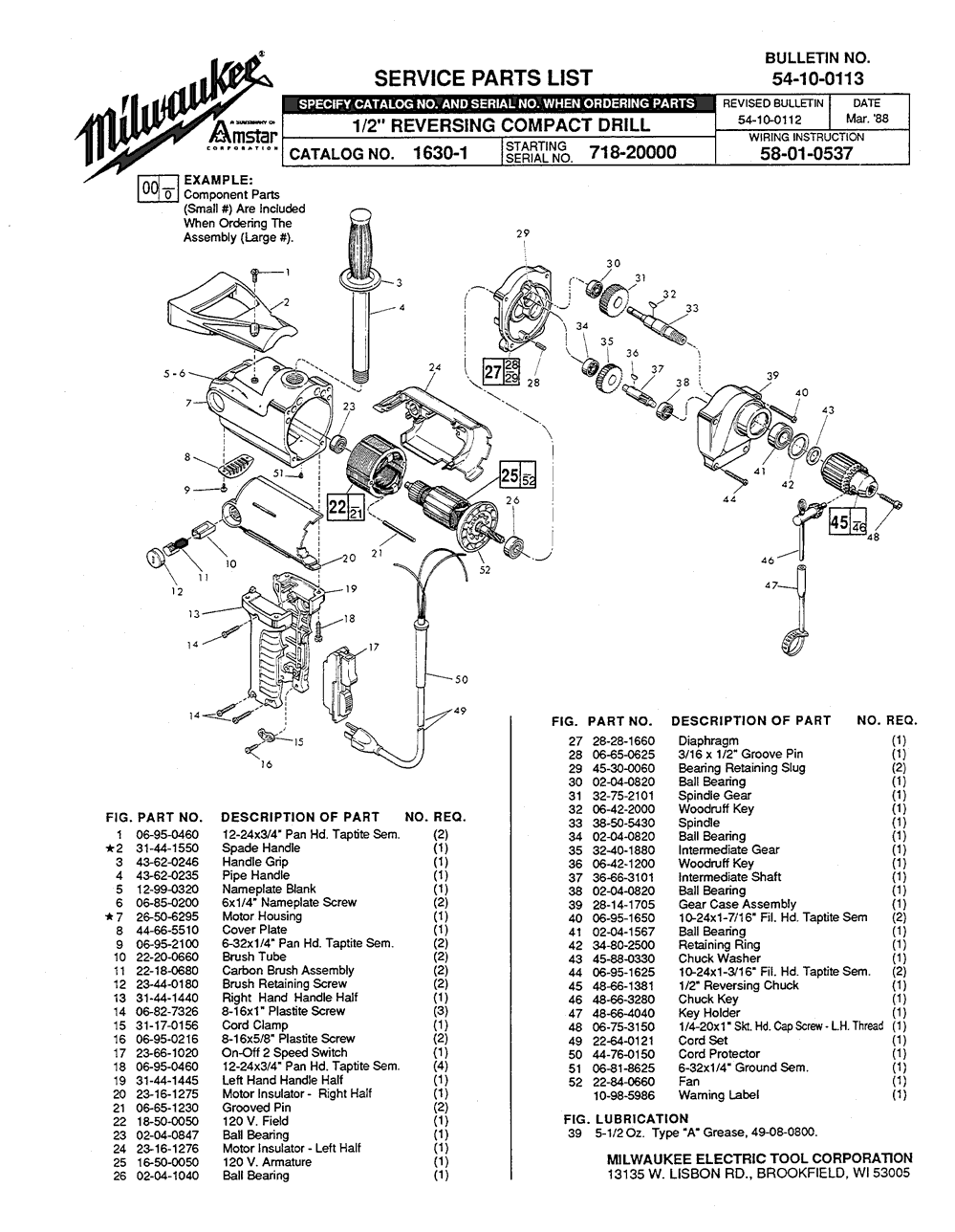 Milwaukee 1630-1 718-20000 Parts - 1/2" REVERSING COMPACT DRILL