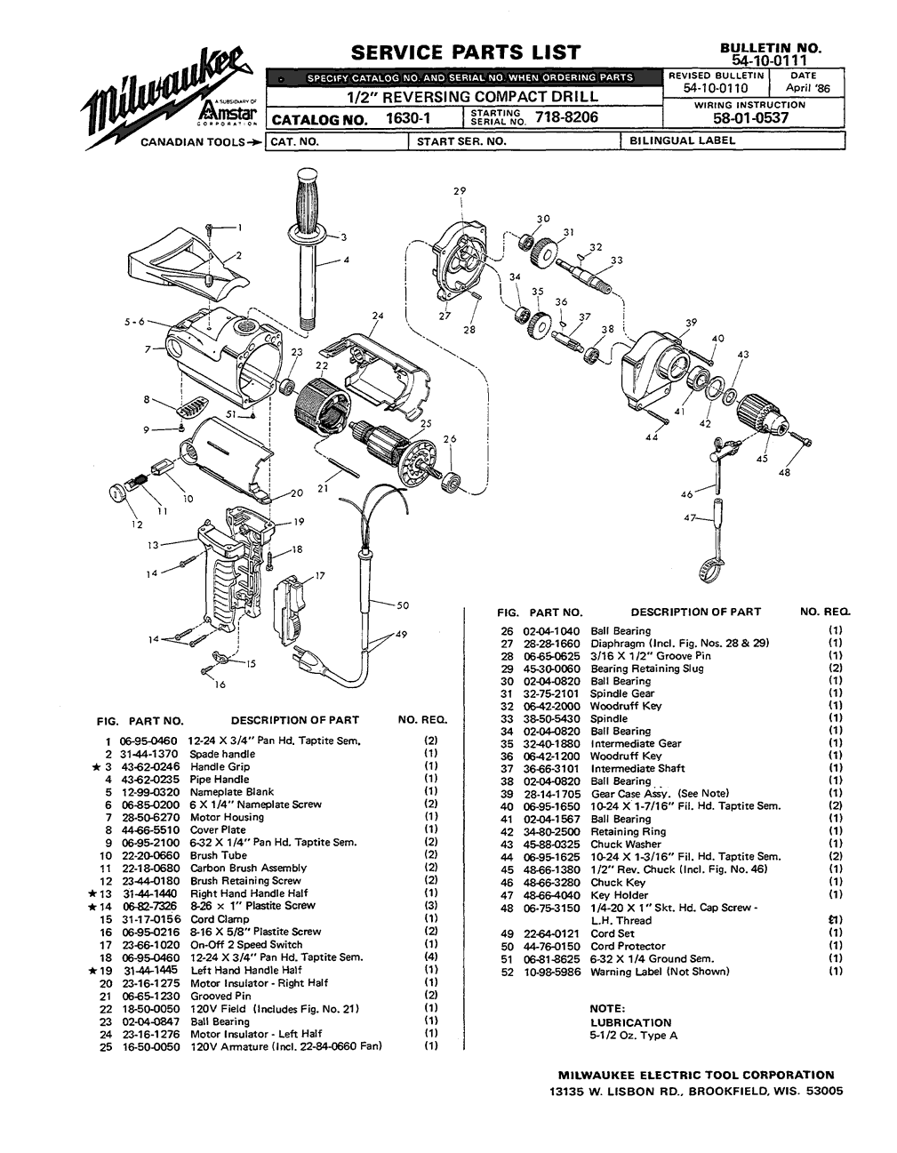 Milwaukee 1630-1 718-8206 Parts - 1/2" REVERSING COMPACT DRILL