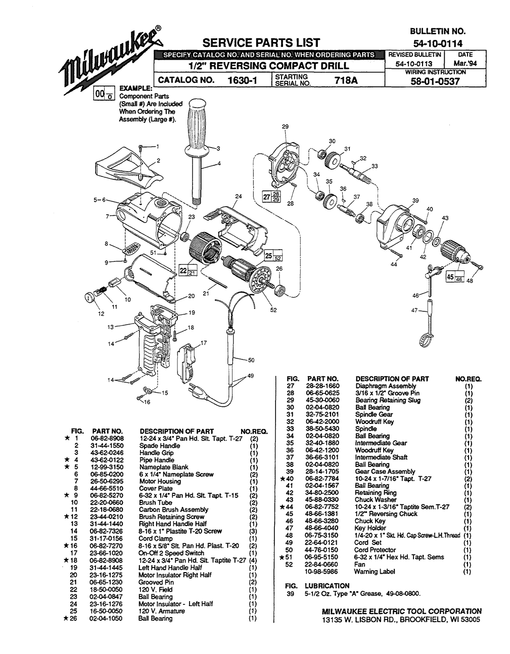 Milwaukee 1630-1 718a Parts - 1/2" REVERSING COMPACT DRILL