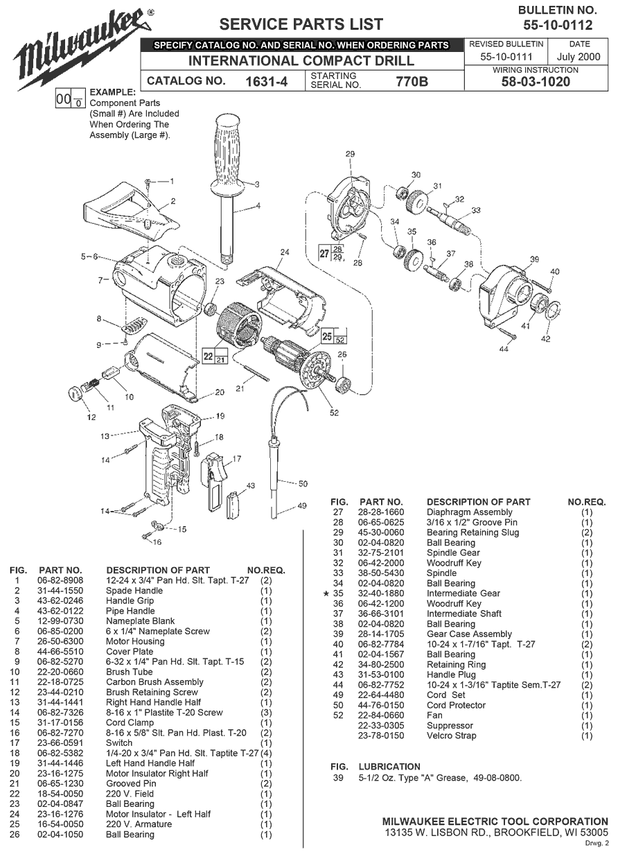 Milwaukee 1631-4 770b Parts - 1/2" REVERSING COMPACT DRILL