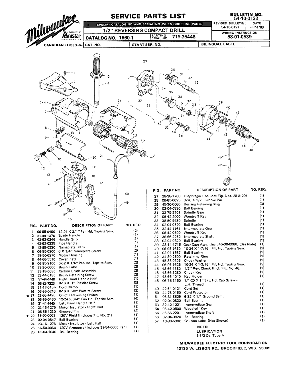 Milwaukee 1660-1 719-35446 Parts - 1/2" REVERSING COMPACT DRILL