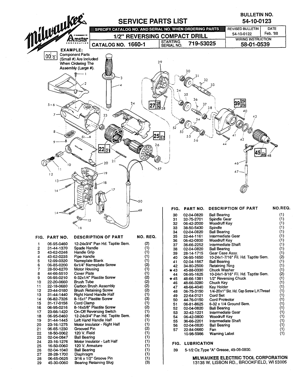 Milwaukee 1660-1 719-53025 Parts - 1/2" REVERSING COMPACT DRILL