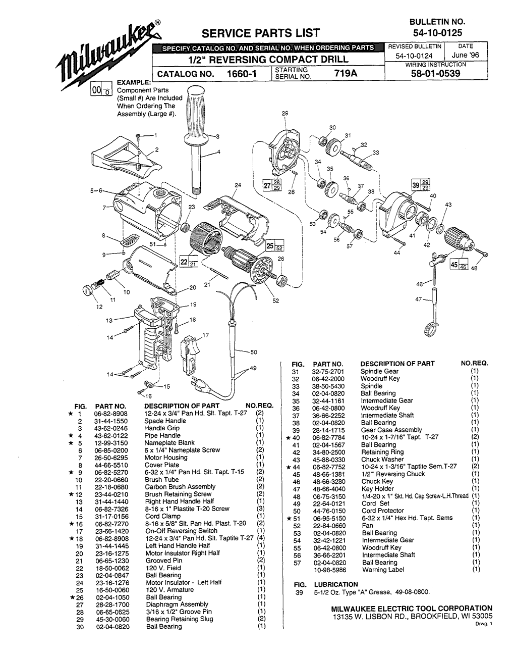 Milwaukee 1660-1 719a Parts - 1/2" REVERSING COMPACT DRILL