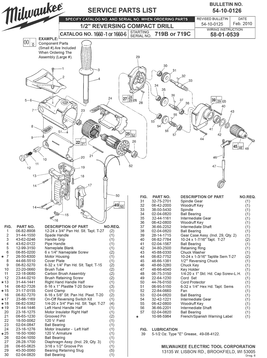 Milwaukee 1660-1 719c Parts - 1/2" REVERSING COMPACT DRILL