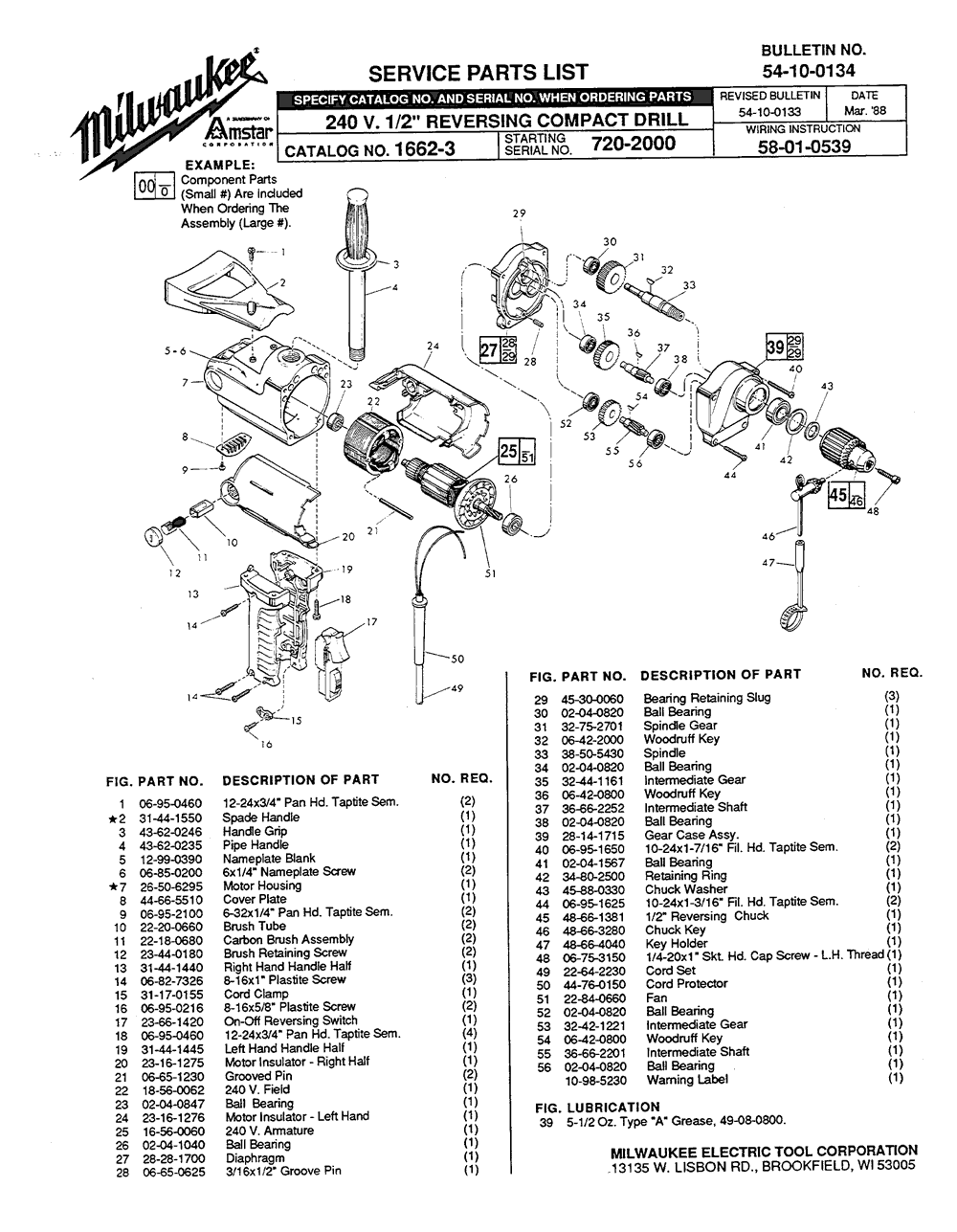 Milwaukee 1662-3 720-2000 Parts - 240V 1/2" REVERSING COMPACT DRILL