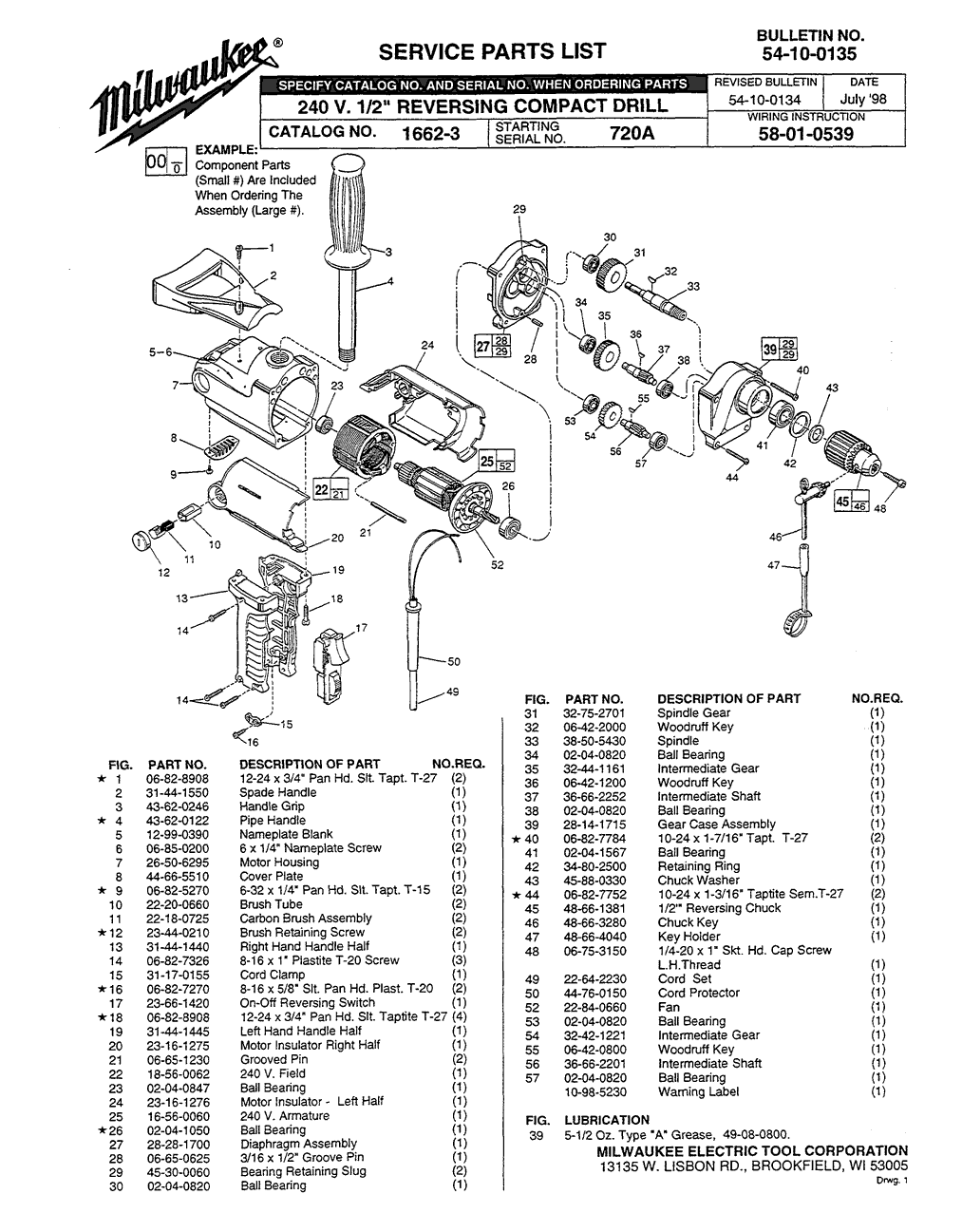 Milwaukee 1662-3 720a Parts - 240V 1/2" REVERSING COMPACT DRILL