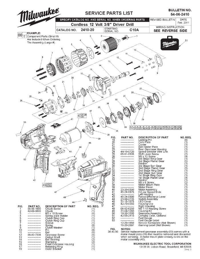 Milwaukee 2410-20 c10a Parts - Cordless 12 Volt 3/8" Driver Drill