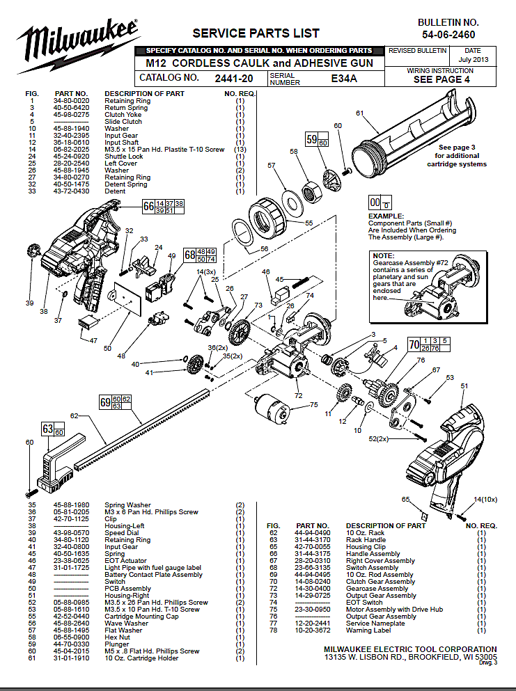 Milwaukee 2441-20 e34a Parts - M12 CORDLESS CAULK and ADHESIVE GUN