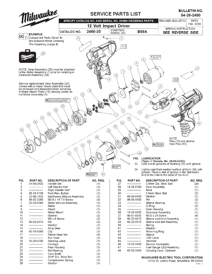 Milwaukee 2450-20 b59a Parts - 12 Volt Impact Driver