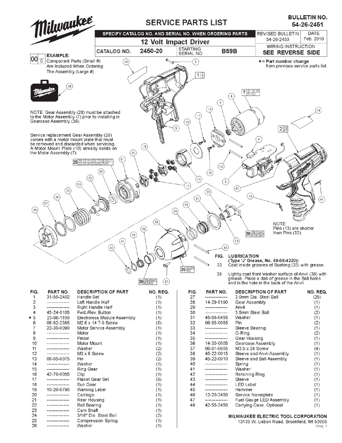 Milwaukee 2450-20 b59b Parts - 12 Volt Impact Driver