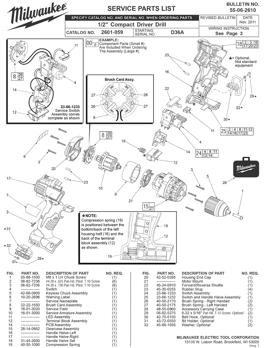 Milwaukee 2601-059 d36a Parts - 1/2" Compact Driver Drill