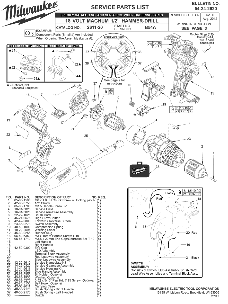 Milwaukee 2611-20 b54a Parts - 18 Volt Magnum