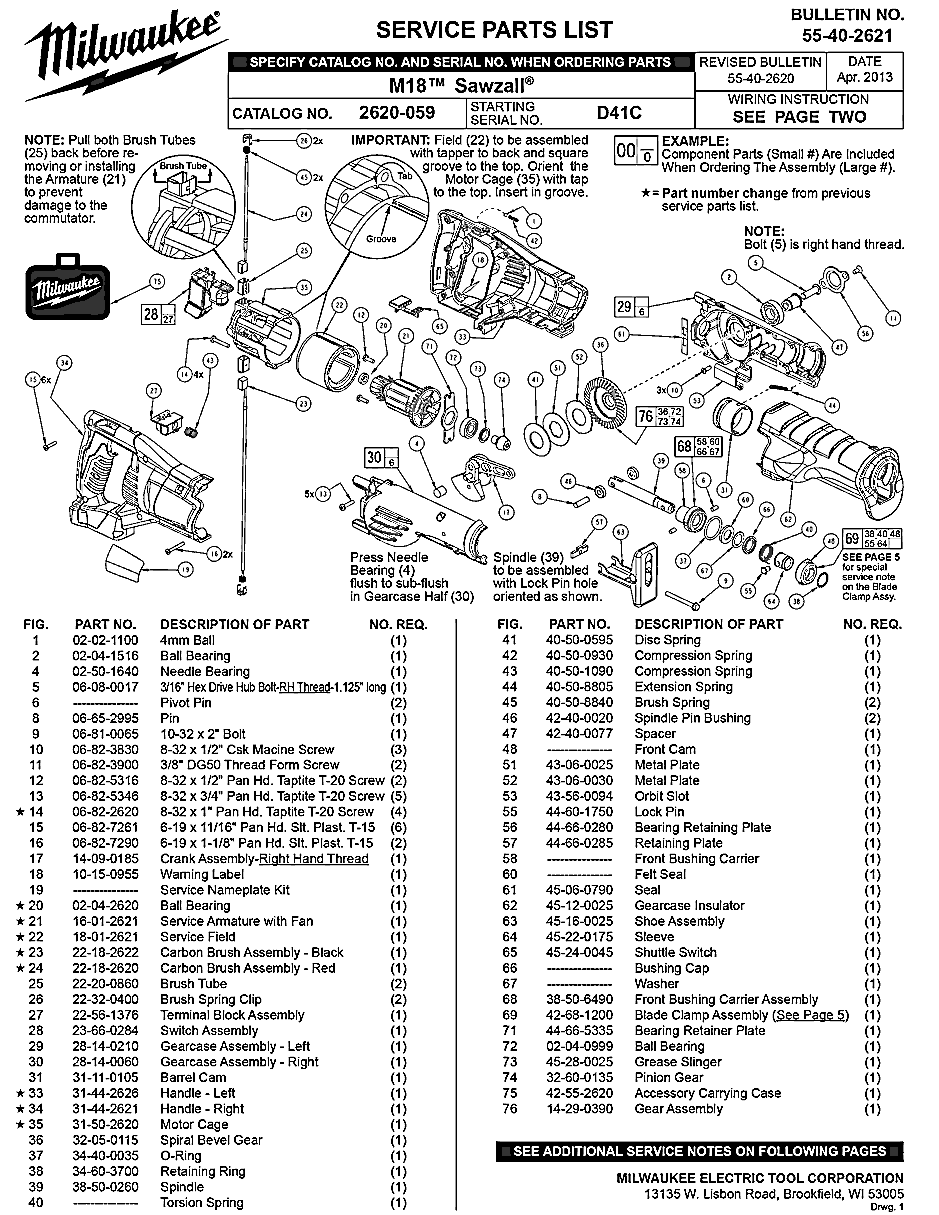 Milwaukee 2620-059 d41c Parts - 18 Volt Sawzall