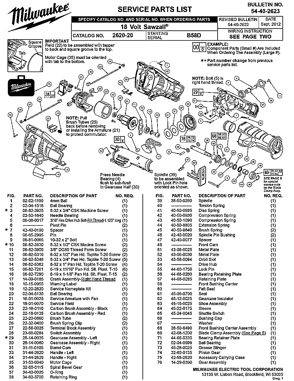 Milwaukee 2620-20 b58d Parts - 18 Volt Sawzall